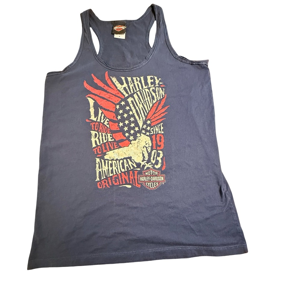 Harley-Davidson Womens XL Tank Top Navy Blue American Eagle Patriot Lynchburg TN